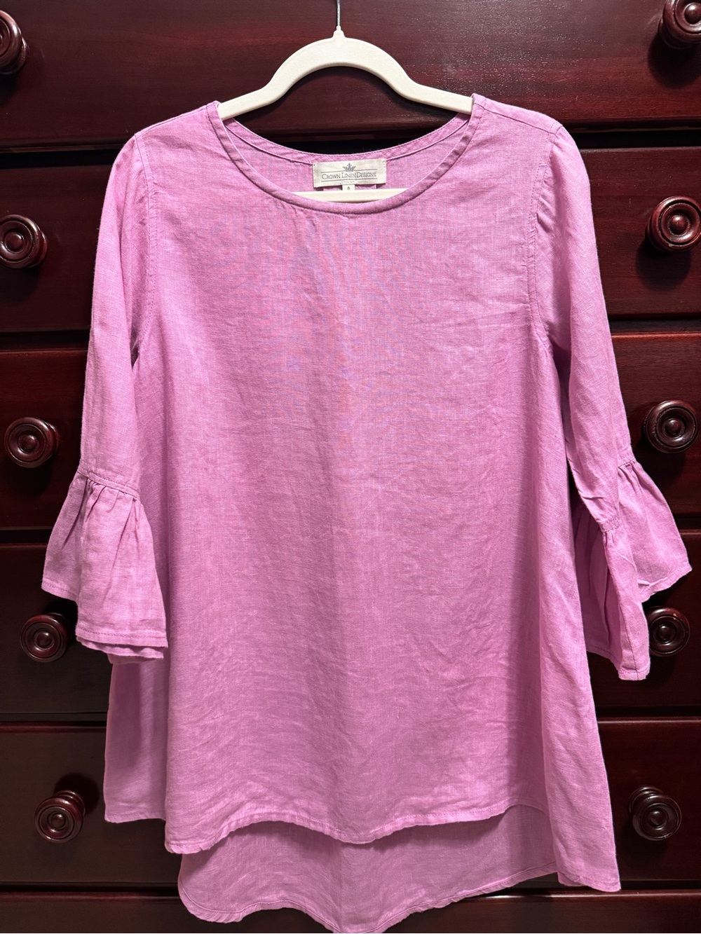 Are Italica Crown Linen Designs Bella Rose Pink 100% Linen Bell Sleeve Top